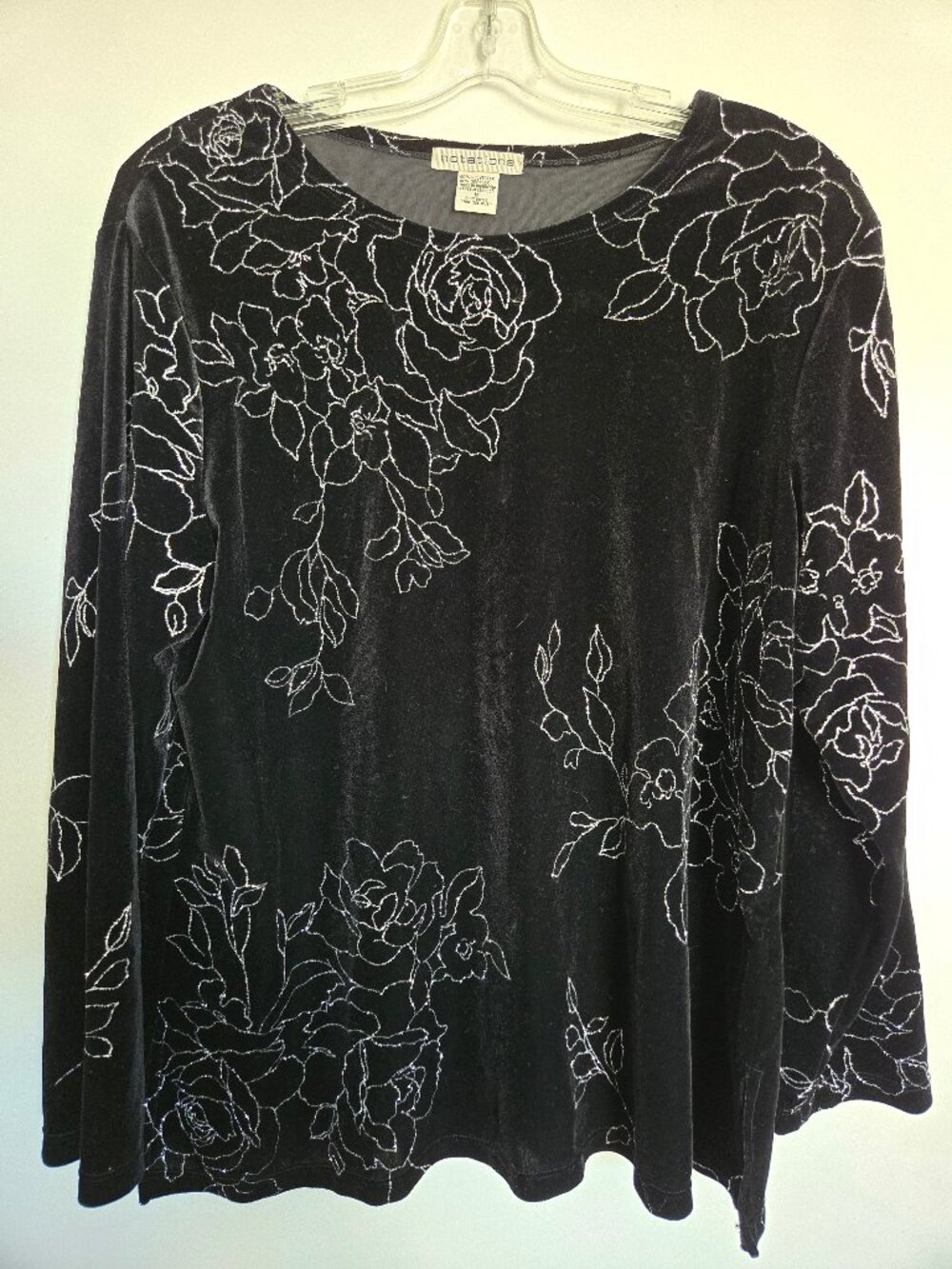 Women's Black Faux Velvet Blouse with Silver Colored Flower Design Size Medium